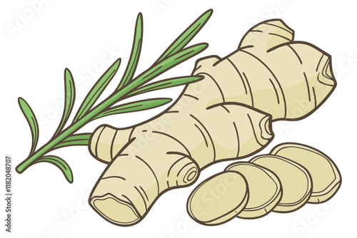 Fresh ginger root, knobby pale beige texture, green shoots sprouting, organic produce, culinary ingredient, white background, studio lighting, high detail, photorealistic, food photography, crisp focu