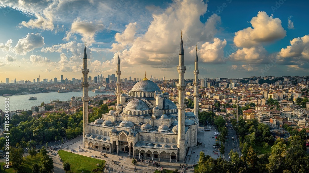 Obraz premium A panoramic view of a grand mosque situated in a bustling city, with the surrounding landscape and urban life contrasting against the peaceful and sacred space of the mosque.