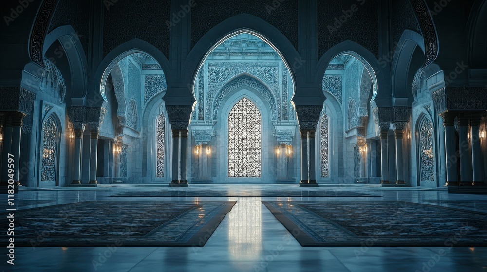 A peaceful interior shot of a mosque with decorative arches, intricate patterns on the walls, and soft lighting creating a tranquil atmosphere for prayer and reflection.