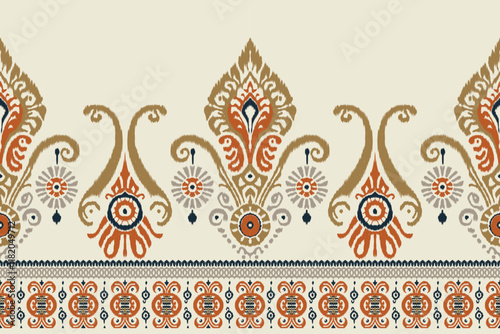 Seamless ethnic Ikat pattern with tribal and folk embroidery influences, featuring Aztec geometry in a Mexican style. Ideal for graphic design, carpets, wallpapers, wrapping paper, and clothing.