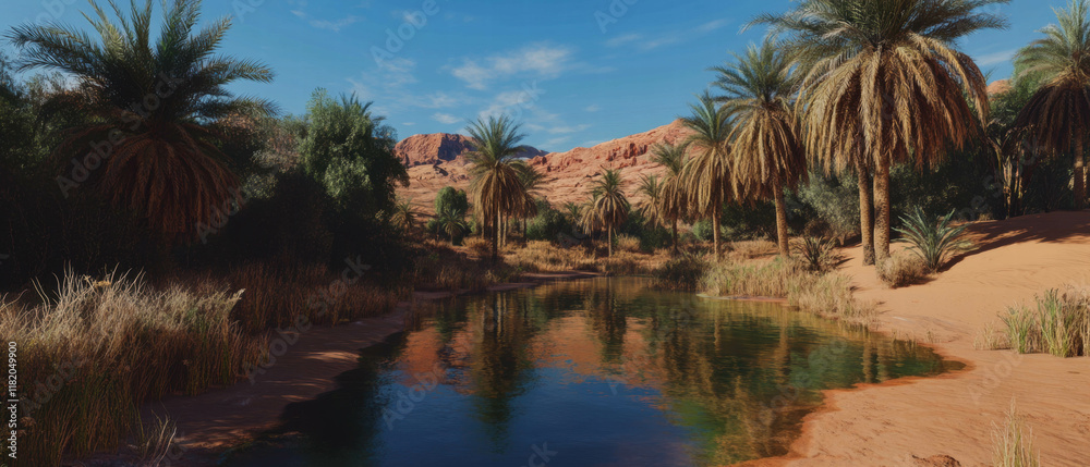 Fototapeta premium Desert oasis with refreshing date palms and tranquil water in a sunlit landscape