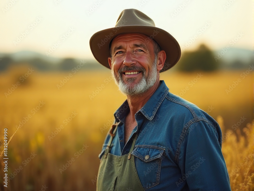 A farmer standing on the background of his estate, showcasing hard work and dedication in a rustic countryside setting A farmer standing on the background of his estate, showcasing hard work and dedication in a rustic countryside setting