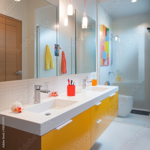 Modern bathroom with kid friendly features, bright colors, and stylish design