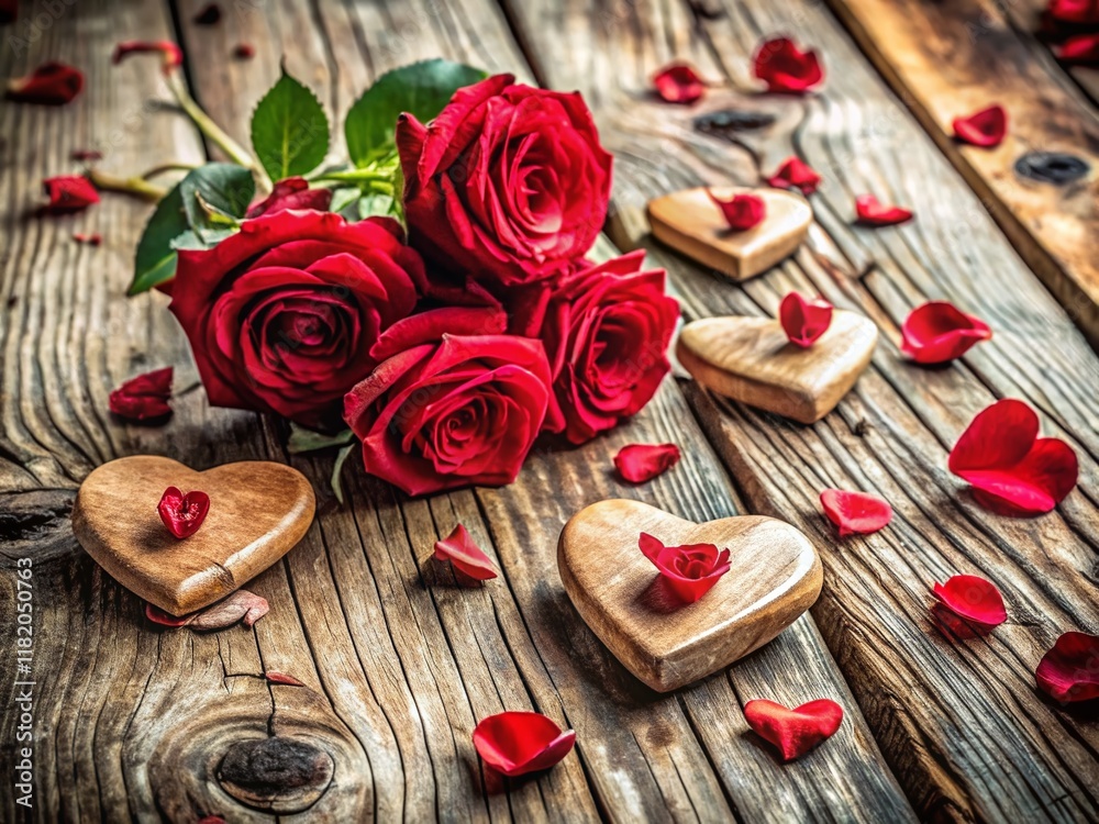 Rustic Valentine's Day Background: Hearts & Roses on Wooden Table Rustic Valentine's Day Background: Hearts & Roses on Wooden Table