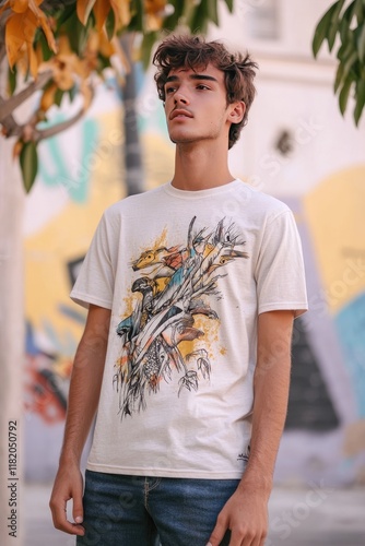 Young Man Posing Outdoors in Artistic T-Shirt Surrounded by Nature