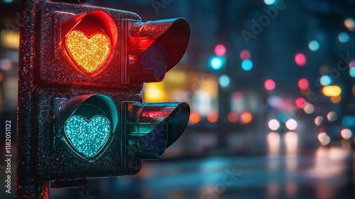 A traffic light with heart-shaped lights.