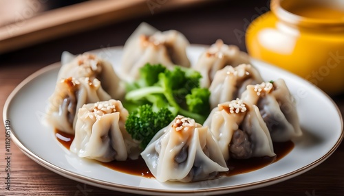 Shumai or Chinese Steamed Dumpling, meatball dumpling with wanton skin in with plate, served with soy sauce