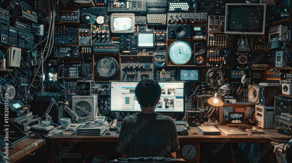 Person Working at a Retro Computer Surrounded by Vintage Equipment