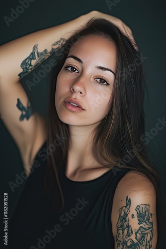 Portrait of a Young Woman with Long Hair and Intricate Tattoos
