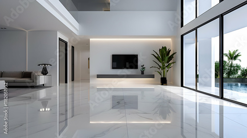 White walls, marble flooring, contemporary furniture, neutral hues, and a realistic modern interior photo