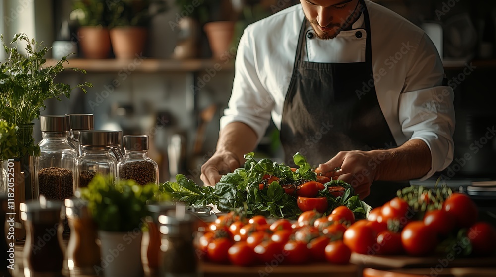A chef is preparing a salad with tomatoes and other vegetables. There are several bottles and potted plants in the background A chef is preparing a salad with tomatoes and other vegetables. There are several bottles and potted plants in the background