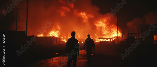 Intense flames illuminate the darkness, creating a terrifying inferno photo