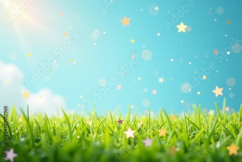 Sparkle confetti scattered on grass under pastel blue sky with rattan star decorations, grassy, sparkle confetti