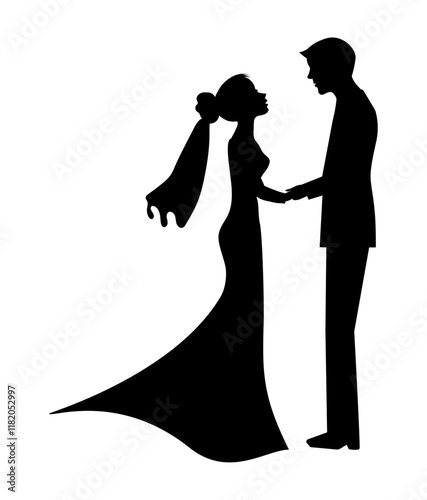 Silhouettes of bride and groom on white background. Symbol wedding for card, web banner etc. Vector illustration EPS 10.