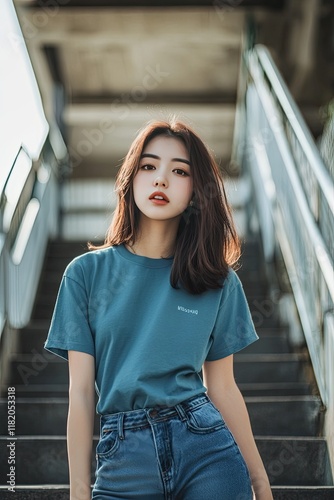 Young Woman Posing on Stairs in Casual Attire Outdoors