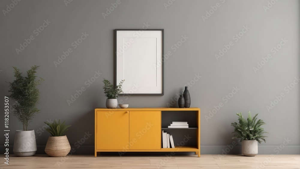 Fototapeta premium Cloudy Gray cabinet on Mustard wall with blank frame mockup