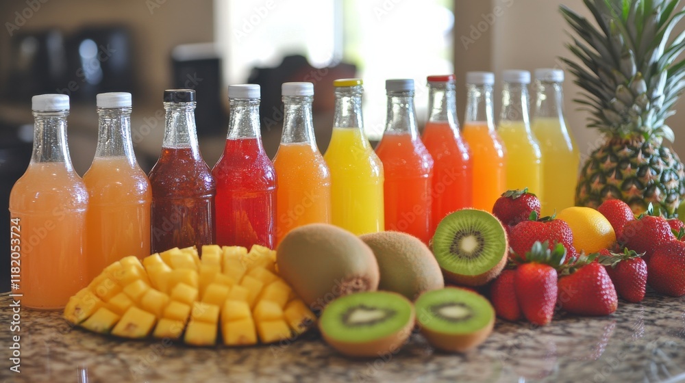 A close-up of colorful fruit juices in assorted bottles, arranged neatly on a kitchen counter, surrounded by fresh fruits like strawberries, kiwis, and pineapples. A close-up of colorful fruit juices in assorted bottles, arranged neatly on a kitchen counter, surrounded by fresh fruits like strawberries, kiwis, and pineapples.