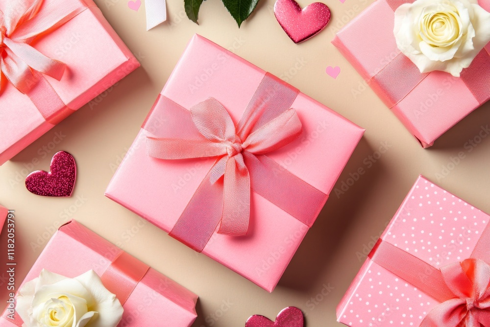 Heart-shaped ribbon with gift boxes and rose flowers on a pink background. Happy Valentine's Day, Mother's Day, and birthday celebration. Romantic flat lay setup Heart-shaped ribbon with gift boxes and rose flowers on a pink background. Happy Valentine's Day, Mother's Day, and birthday celebration. Romantic flat lay setup