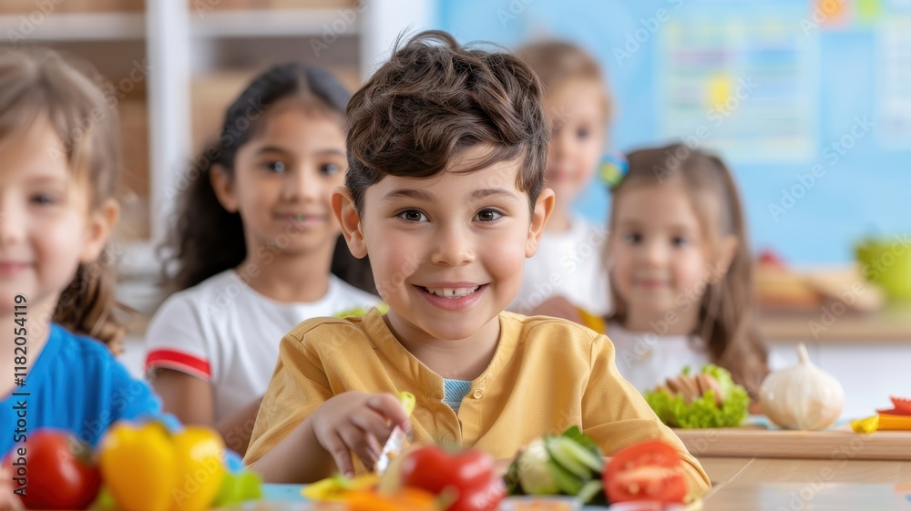 A cheerful child sits in a classroom, surrounded by classmates, with a colorful array of fruits and vegetables in front of him. A cheerful child sits in a classroom, surrounded by classmates, with a colorful array of fruits and vegetables in front of him.