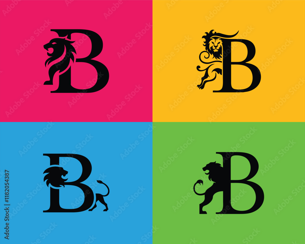 Creative Lion and Letter B Logos on Vibrant Multicolored Backgrounds. Lion logo with B letter. Combination of B letter with Lion logo. Creative Lion and Letter B Logos on Vibrant Multicolored Backgrounds. Lion logo with B letter. Combination of B letter with Lion logo.