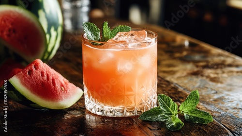 Wallpaper Mural A glass of chilled watermelon juice with ice cubes, sitting on a rustic wooden table, with a watermelon slice and mint leaves placed nearby, evoking a fresh summer vibe. Torontodigital.ca