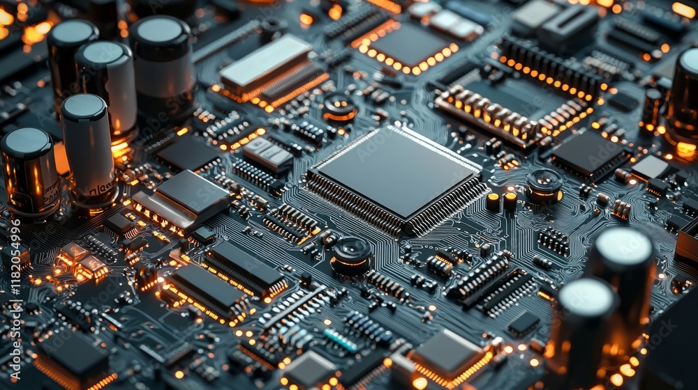 Intricate Close-Up of a Modern Microchip Circuit Board Highlighting Advanced Technology Components Intricate Close-Up of a Modern Microchip Circuit Board Highlighting Advanced Technology Components
