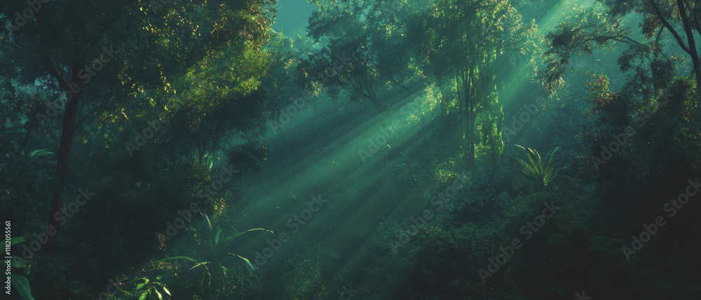 Obraz premium Sunbeams illuminate a magical forest filled with vibrant greenery and tranquility