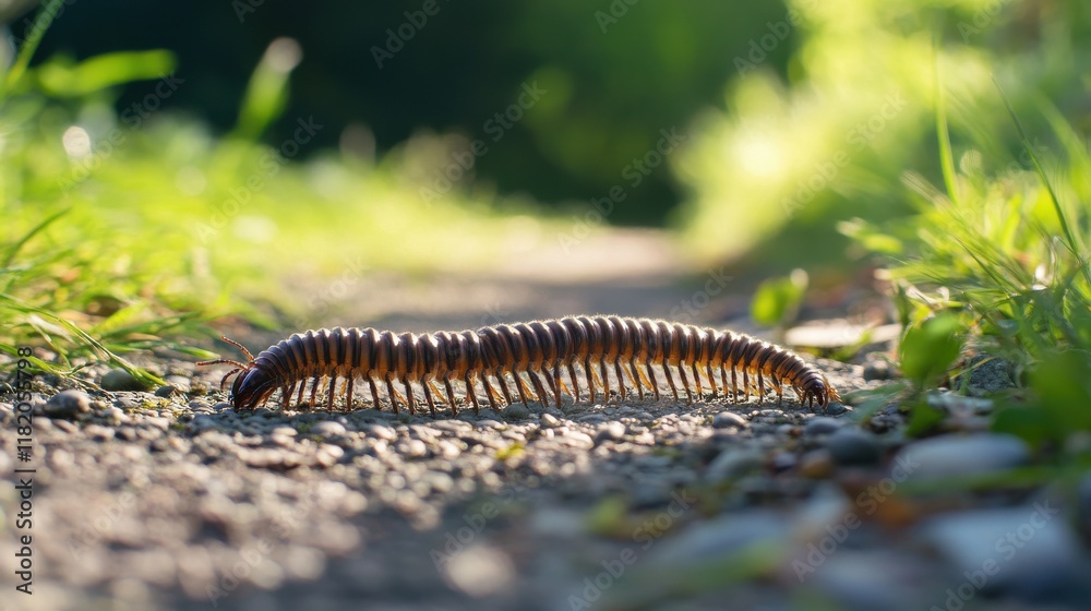 A realistic photo of a centipede on a garden path, its elongated body contrasting against the smooth surface, surrounded by grass and small pebbles. A realistic photo of a centipede on a garden path, its elongated body contrasting against the smooth surface, surrounded by grass and small pebbles.