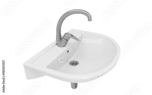 White ceramic sink with faucet for bathroom or restroom. Classic washbowl basin with water tap isolated on a transparent background. PNG. 3d illustration.