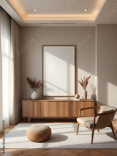 elegant minimalist living room design, earthy tones, large vertical frame mockup, low-profile furniture, soft fabric curtains, warm ambient lighting, modern decor