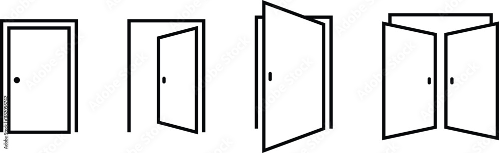 Opened and closed doors. Editable Stroke. Opened and closed doors. Editable Stroke.