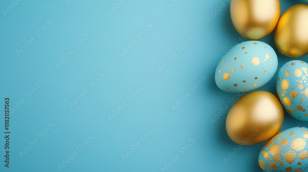 Colorful Easter Eggs with Gold Accents on Turquoise Background