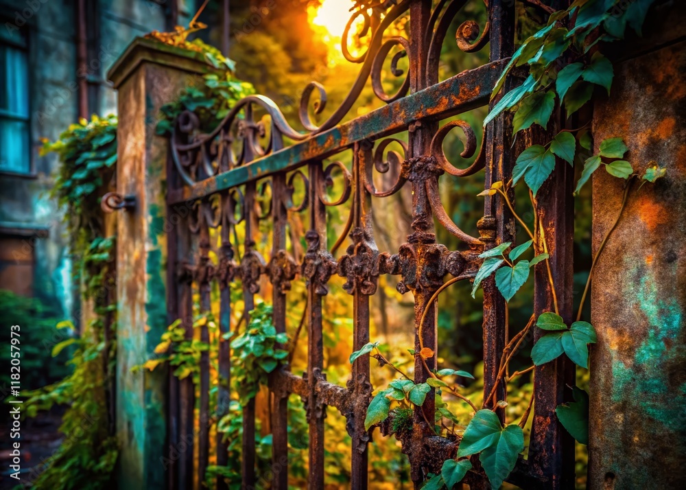 Fototapeta premium Rusty Metal Gate Urban Exploration Photography - Grunge Industrial Background