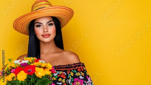 Peruvian woman with a bouquet of cantuta flowers on yellow background. Fashion and floral decor concept. For Women's Day, March 8, Valentine's Day. Studio portrait for banner with copy space  photo