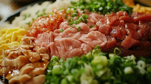 A close-up image of a beautifully arranged sushi platter featuring several pieces of nigiri sushi. photo