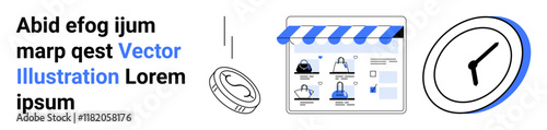 Coins falling, a store homepage with various products, and a clock. Ideal for online shopping, time management, business operations, e-commerce platforms, financial planning, digital marketing user