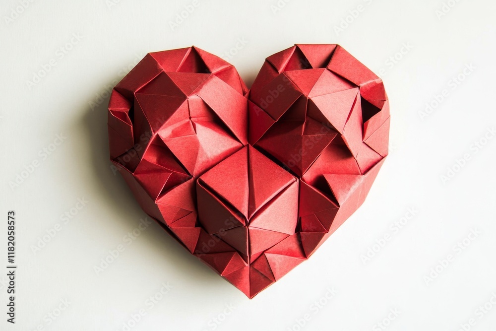 Heart. A love-themed background. A red paper origami heart set against a white background. Valentine's card Heart. A love-themed background. A red paper origami heart set against a white background. Valentine's card