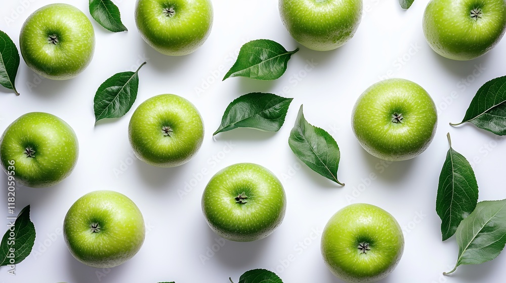 A bunch of green apples with leaves on the bottom. The apples are in a row and are all the same size A bunch of green apples with leaves on the bottom. The apples are in a row and are all the same size