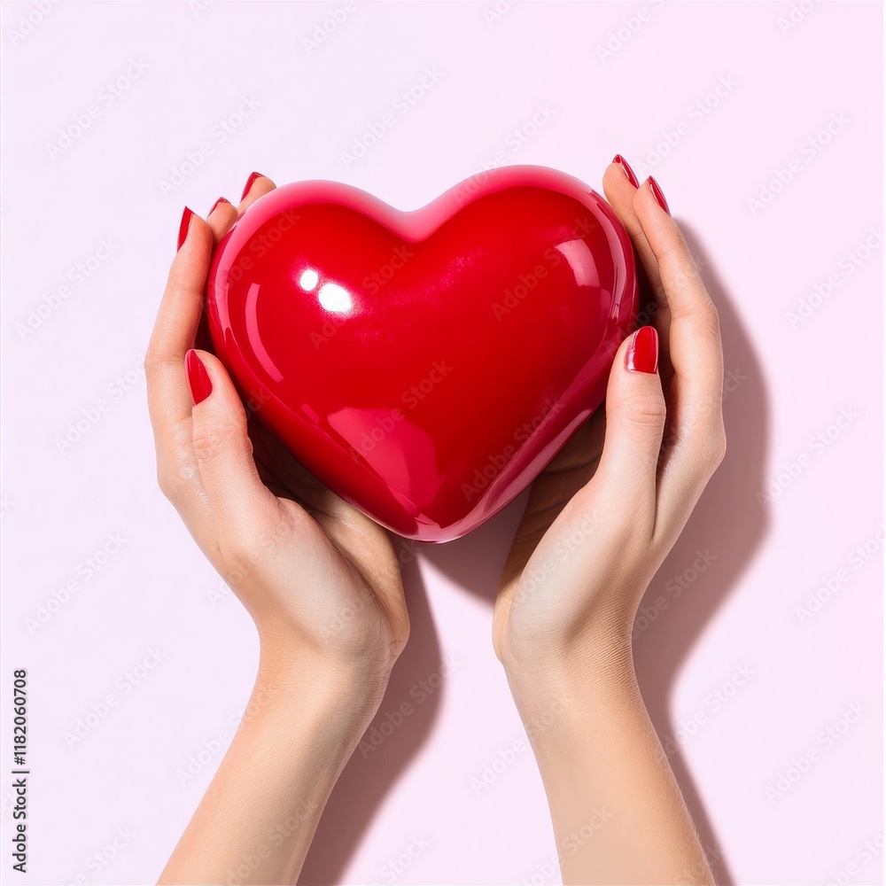 Fototapeta premium Woman holding a red heart, symbolizing happiness and health care, while emphasizing the concept of donation and family insurance. This image is relevant to World Heart Day and World Health Day,