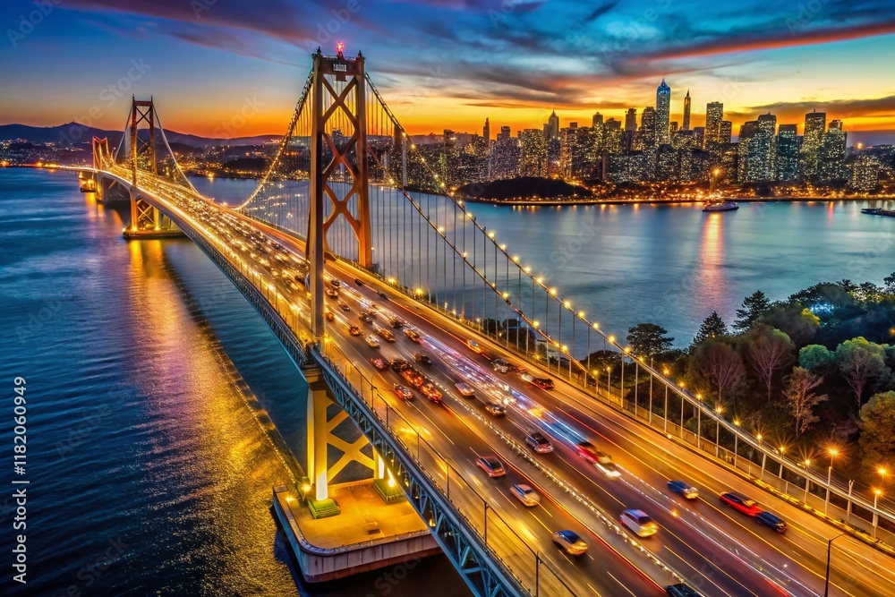 Fototapeta premium San Francisco Oakland Bay Bridge Rush Hour Aerial 8K Low Light Photography
