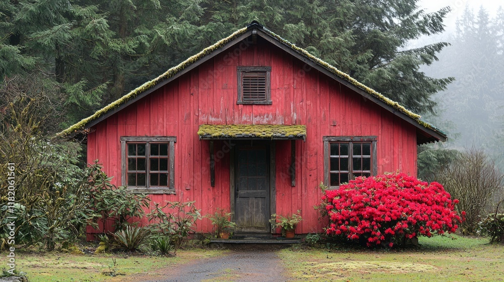 Rustic red cabin nestled in a misty forest with vibrant rhododendrons. Rustic red cabin nestled in a misty forest with vibrant rhododendrons.