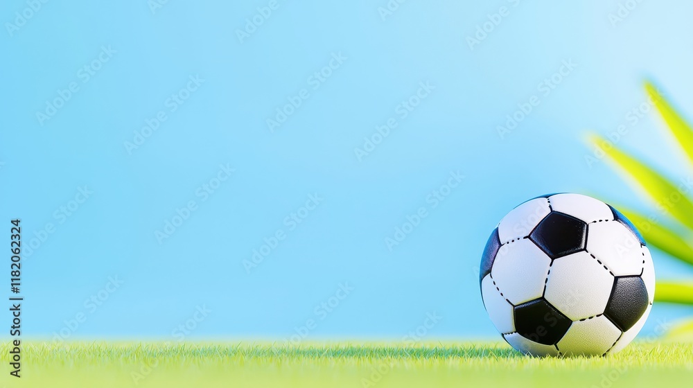 Obraz premium Soccer Ball on Green Grass with Blue Sky Background