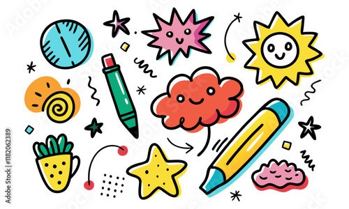 Playful Colorful Doodle Elements Featuring Happy Props and Starry Designs