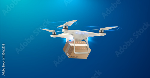 Vector illustration of a futuristic delivery drone carrying a package, hovering against a vibrant blue background. Ideal for technology, logistics, or innovation-themed designs.