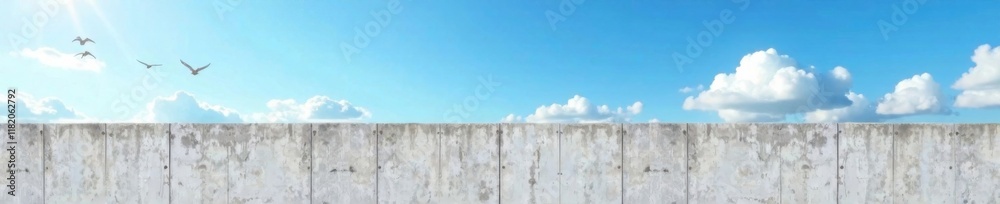Wide concrete wall against bright blue sky with scattered white clouds and a few birds flying freely, outdoor advertising, bird flight, urban landscape Wide concrete wall against bright blue sky with scattered white clouds and a few birds flying freely, outdoor advertising, bird flight, urban landscape