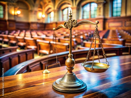 Scales of Justice in Courtroom: Law, Jurisprudence, and Justice Concept photo