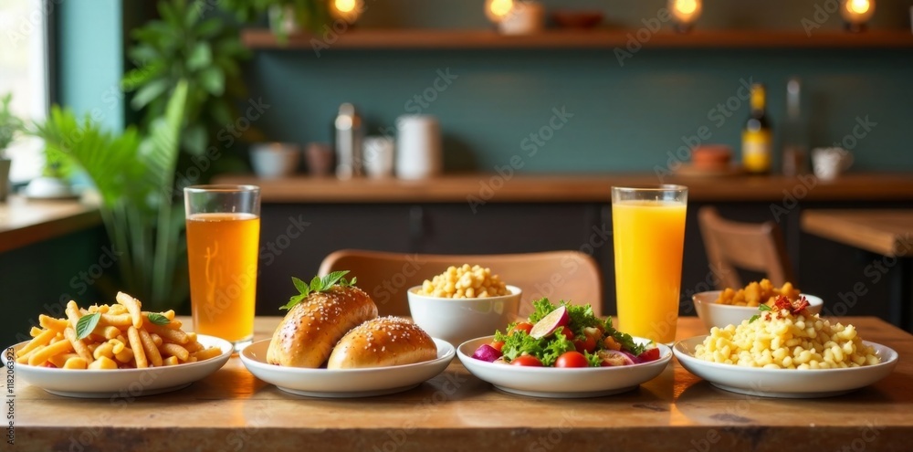 Naklejka premium Wooden table set with various colorful snacks and drinks in a modern dining space, white wood, empty space, drinks