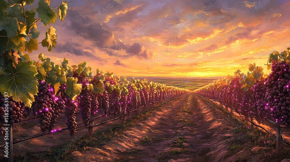 Naklejka premium Vibrant Vineyard Sunset Landscape