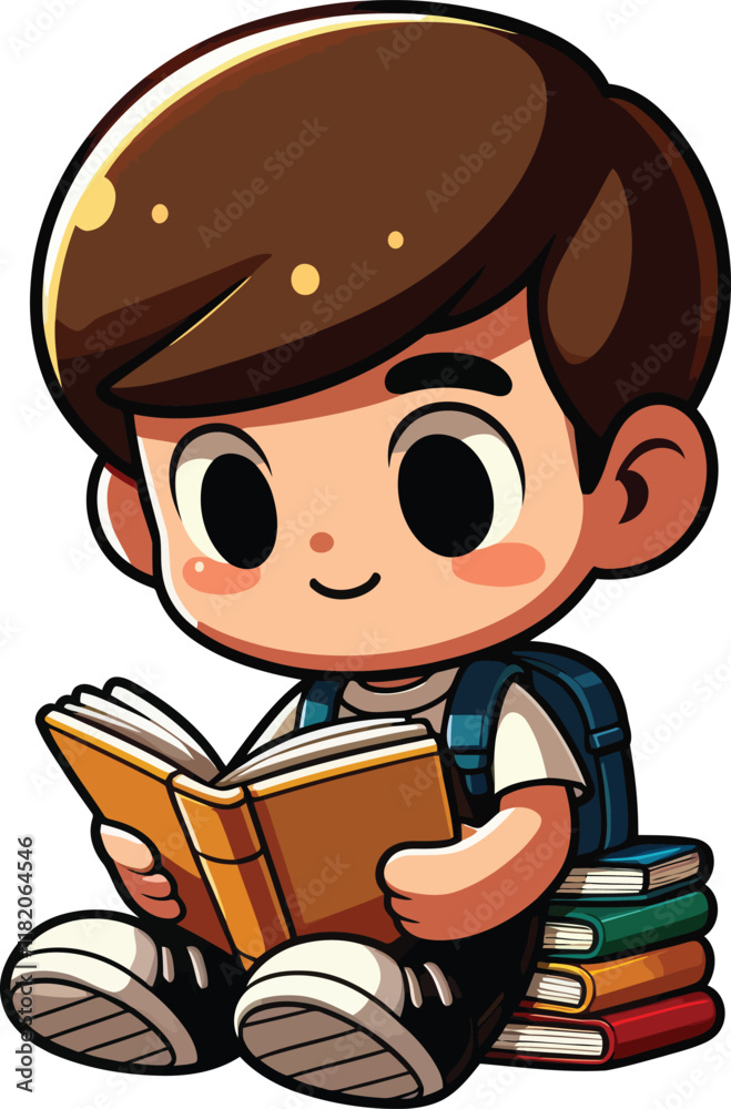 World Book Day Fun: Boy and His Towering Books. A colorful and inspiring illustration of a boy reading amidst stacks of books for World Children s Book Day. World Book Day Fun: Boy and His Towering Books. A colorful and inspiring illustration of a boy reading amidst stacks of books for World Children s Book Day.