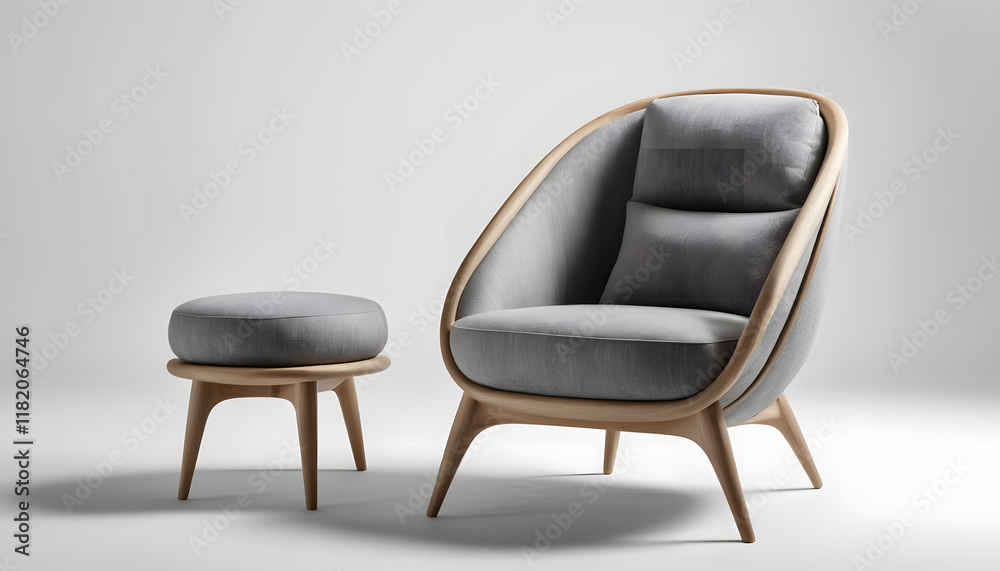 Obraz premium Modern gray armchair with wooden frame and ottoman.